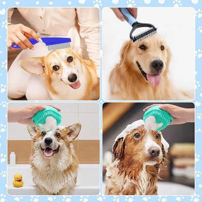 VCZONE 8 Pcs Dog Brush Grooming Kits, Includes Pet Nail Clipper and File, Flea Comb, Pet Shampoo Bath Brush, Pet Shedding Brush, Pet Dematting Comb, Silicone Toothbrush (Blue)