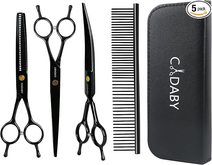 Dog Grooming Scissors Kit with Blunt Tips, 5 in 1 Professional Dog Shears for Grooming, 4CR Stainless Steel Pet Scissors, Black, Suitable for Both Hand