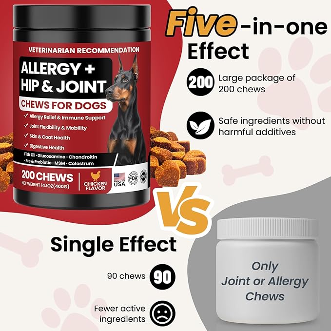 Dog Allergy Chews Hip and Joint Supplement for Dogs with Glucosamine Chondroitin for Anti Itch Skin Paw Pain Relief and Immune Pet Allergies Treats Chews for Itching and Licking Health Supplement Dogs