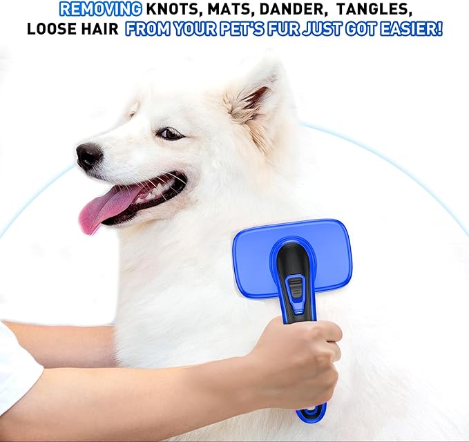 Dogs Cats Self Cleaning Slicker Brush for Shedding & Grooming Any Breed of Pets, Removes Loose, Undercoat, Mats, Tangled Hair for Small Medium Large Animal With Long Short Fur Length, Blue