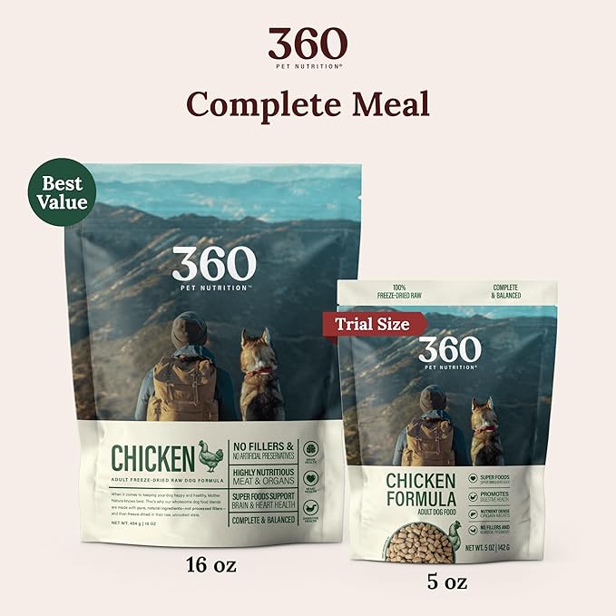 360 Pet Nutrition Raw Freeze-Dried Dog Food, High Protein, Balanced Meal, Chicken, Liver, Heart, Fruit, Veggies, Superfoods, No Fillers, 5 oz Food/Bites/Kibble (Chicken) Trial Size