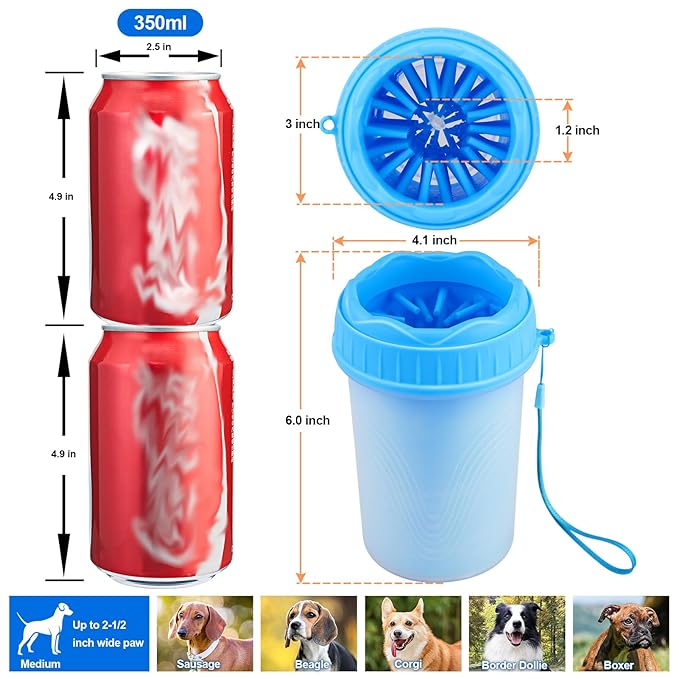 Dog Paw Cleaner, Medium, Blue - Effective, Safe, Portable Silicone Bristles Cleaning Brush. A Great Gift. Includes Free Bath Brush and 90-day Guarantee. For Active Dog Owners