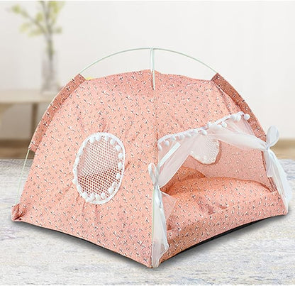 Cute Dog Tent House, Indoor Pet Tent Waterproof Bottom Detachable Cat Princess Indoor Tent House Pet Dog Cute Floral Cave Nest Bed Portable Dog Tents with Mesh Door Window for All Seasons (Pink)