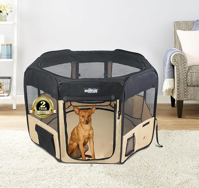 EliteField 2-Door Soft Pet Playpen (2 Year Warranty), Exercise Pen, Multiple Sizes and Colors Available for Dogs, Cats and Other Pets (36" x 36" x 24"H, Black+Beige)