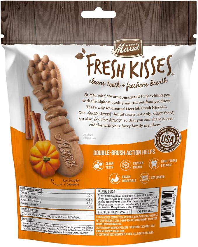 Merrick Fresh Kisses Natural Dental Chews, Treats Infused with Pumpkin and Cinnamon for Medium Dogs 25-50 Lbs - 5 oz. Pouch