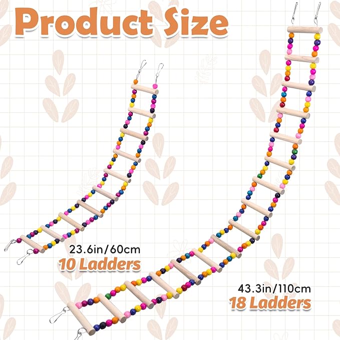 PINVNBY 2 PCS Extra Large Bird Ladder Toys, Wooden Parakeet Swing Toys with Colored Beads, Bird Cage Accessories for Parrot Macaws African Greys Conure Cockatiel (25.6''-10 Steps and 39.3''-18 Steps)