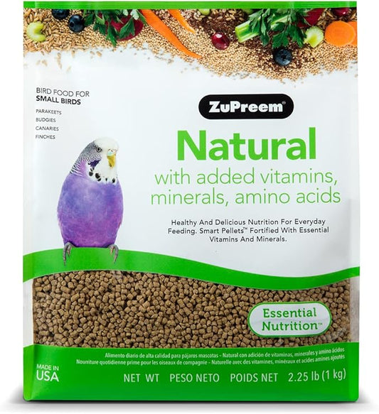 ZuPreem Natural Bird Food, Bird Feed Pellets for Parakeets, Budgies, Parrotlets, & Doves, ZuPreem Core Nutrition, Made in USA, Added Vitamins, Parakeet Food, Budgie Feed, (Small, 2.25 lb Bag)