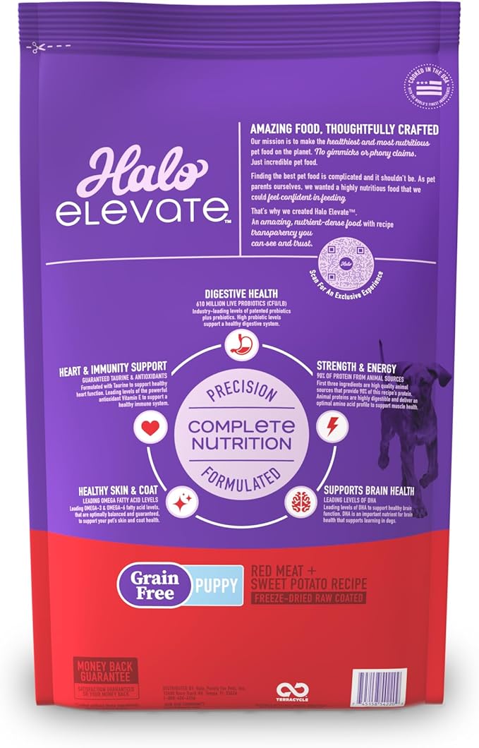 Halo Elevate Dry Dog Food, Grain Free Red Meat Recipe, Puppy Formula, 20lb