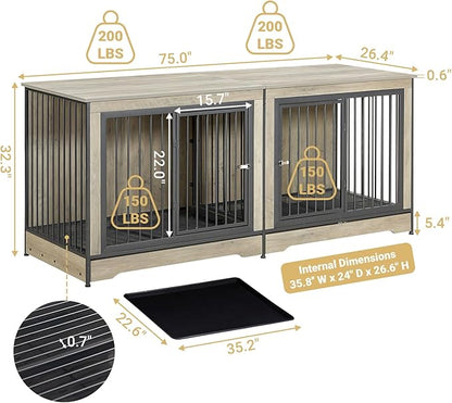 Rovibek 75'' Double Dog Crate Furniture for 2 Large Dogs, Heavy Duty Furniture Style Dog Crates End Table, Wood Crates for Dogs Kennel Indoor with Double Door, Grey