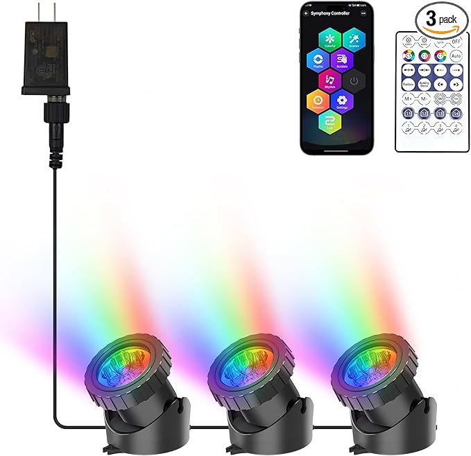 RGB Underwater Pond Lights, Super Bright LED Submersible Fountain Lights Colored Landscape Spotlights, Bluetooth APP Control IP68 Waterproof for Fish Aquarium Tank Garden Yard Pool (Set of 3)