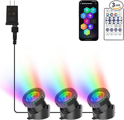 RGB Underwater Pond Lights, Super Bright LED Submersible Fountain Lights Colored Landscape Spotlights, Bluetooth APP Control IP68 Waterproof for Fish Aquarium Tank Garden Yard Pool (Set of 3)