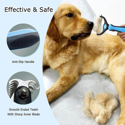 Deshedding Dog Brush And Metal Comb, Cat Brush Dog Brush Undercoat Rake for Dogs & Cats, Pet Grooming Brush For Shedding, Dematting, Pet Hair Removal Tool For Long Haired Dogs, Blue