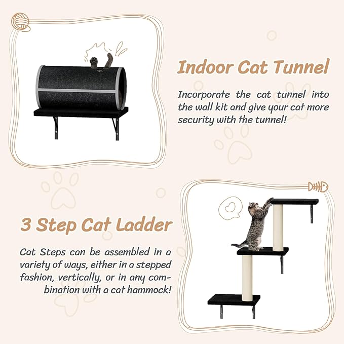 NUNU LAB Cat Wall Shelves Set, 7 Pcs Wall-Mounted Cat Climber with Cat House, Tunnel, Bridge, Scratching Post, Hammock, Wall Shelves, Black