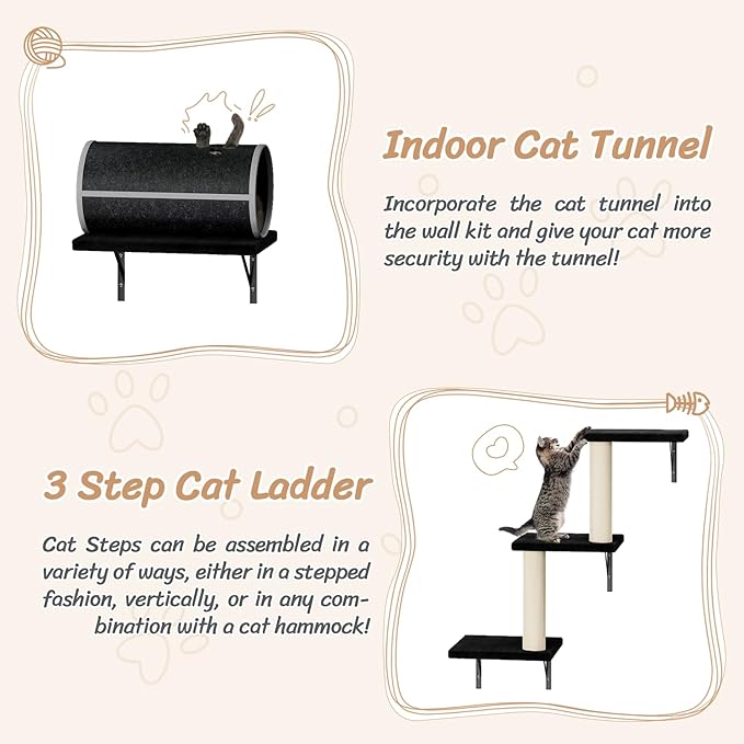 NUNU LAB 7-in-1 Wall Mounted Cat Climber Set, Cat Furniture with House, Tunnel, Bridge, Steps, Scratcher, Hammock, Shelves for Indoor, Black