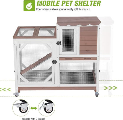 GUTINNEEN Rabbit Hutch Indoor Rabbit Cage with Wheels Outdoor Bunny House 2 Story Guinea Pig Cage with Leakproof Tarp Roof (Brown)