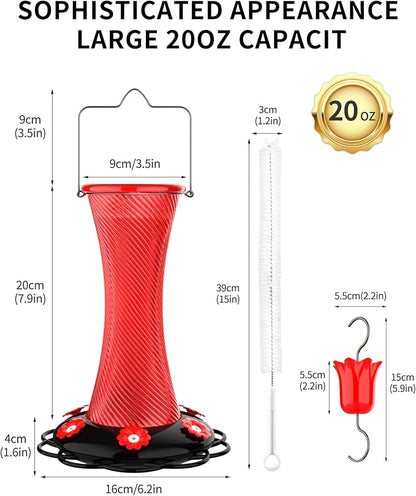 Hanging 20oz Glass Hummingbird Feeder with Moat, Small Outdoor Plastic Bird Feeder, Squirrel Proof, Ants, Outside Water Dispenser for Garden (Red Glass Birdfeeder)