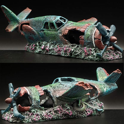Fish Tank Decoration Fighter Vintage Airplane Ruins Submarine Landscape Fish Shrimp Shelter Cave Hideout Resin Aquarium Decor Turtle Tank Decoration