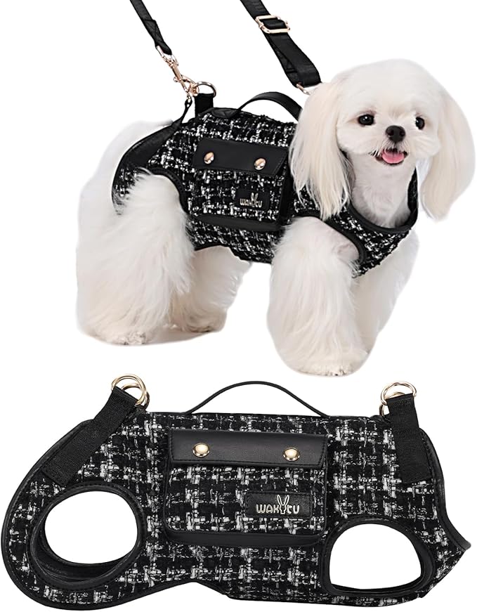 Dog Lift Harness Dog Carrier Dog VES Harness Adjustable Dog Leash with Small Puppy Treat Bag（Black,M）