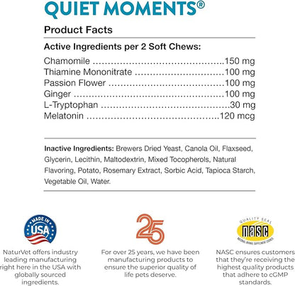 NaturVet Quiet Moments Calming Dog Supplement, Dog Soft Chews with Melatonin to Help Reduce Stress from Storms, The Vet, Fireworks, and Travel, Bacon and Chicken Flavored Pet Supplement, 65 Count