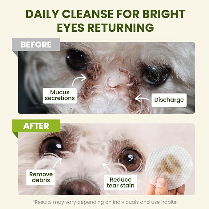 Eye Wipes for Dogs & Cats, Hypoallergenic Dog Eye Wipes Cleaner, Natural Cleaning Grooming Pet Wipes Gently Remove Tear Stain, Eye Debris, Discharge, Mucus, Non-Irritating, Unscent, 100 PCS