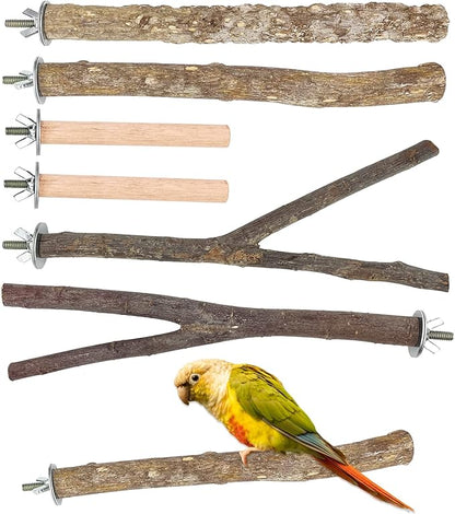 6 PCS Natural Wood Bird Perch Parrot Stand Fork Toys, Hanging Multi-Branch Perch Bird Cage Accessories for Small Parakeets, Conures, Cockatiels, Budgies, Finches, 3 Types