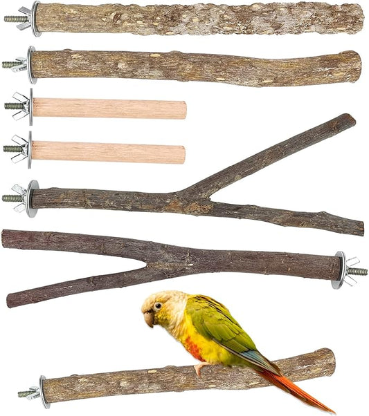 6 PCS Natural Wood Bird Perch Parrot Stand Fork Toys, Hanging Multi-Branch Perch Bird Cage Accessories for Small Parakeets, Conures, Cockatiels, Budgies, Finches, 3 Types