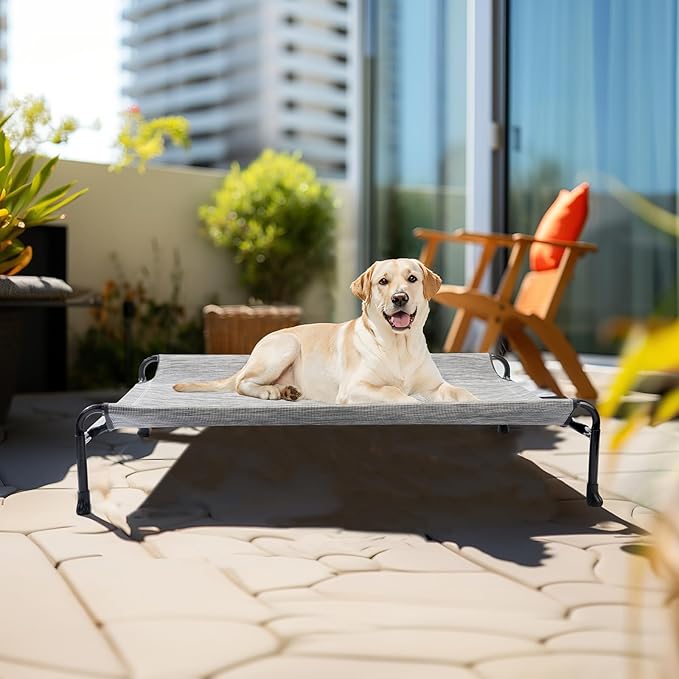 Veehoo Cooling Elevated Dog Bed, Raised Dog Beds for Large Dogs, Outdoor Dog Bed with Guardrail, Upgraded Non-Slip Feet, Breathable Teslin Mesh, Portable Camping Dog Cot, 41 x 27 Inches, Black Silver