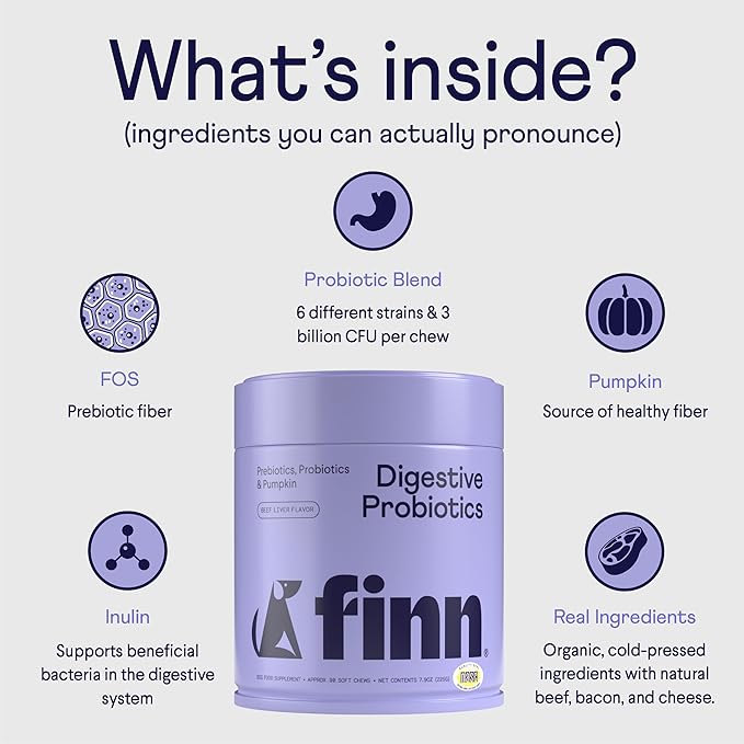 Finn Digestive Probiotics for Dogs - Complete Digestive System Support with Pumpkin, Prebiotics, & Live Probiotics - Vet Recommended & Made in The USA - 90 Soft Chews