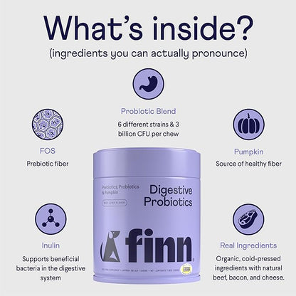 Finn Digestive Probiotics for Dogs - Complete Digestive System Support with Pumpkin, Prebiotics, & Live Probiotics - Vet Recommended & Made in The USA - 90 Soft Chews