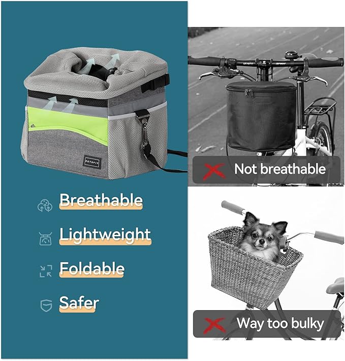 Petsfit Dog Bike Basket, Dog Booster Car Seat, Dog Car Seat for Small Dogs/Cats/Puppies with Safety Rope/Reflective Strips/Two Side Storage Pockets (Grey)