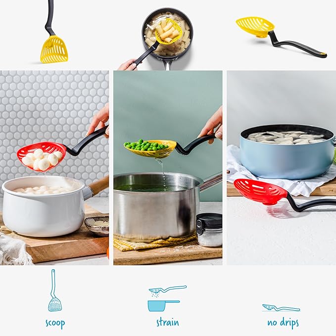 Dreamfarm Lestrain 2-in-1 Drip-Catching Sit-Up Slotted Cooking Spoon Scoop & Strainer - 11" Yellow