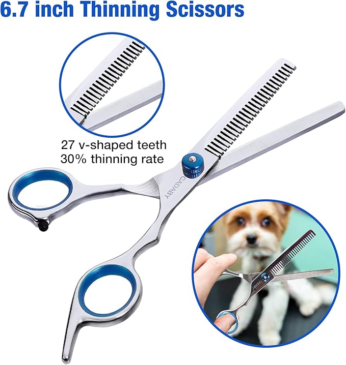 Dog Grooming Scissors,3 in 1 Dog Scissors with Safety Tips, Professional Stainless Steel Thinning Shears, Curved Pet Grooming Scissors Kit