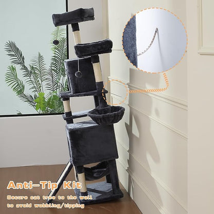 Cat Tree, 70-Inch Cat Tree Tower with Hammock, Scratching Post, Condo and Multi-Level Cat Tower, Large Cat Activity Center Playhouse, Dark Gray LCT015