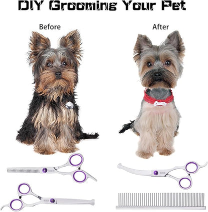 5 in 1 Dog Grooming Scissors Kit with Safety Round Tips for 4CR Stainless Steel Dogs and Cats, Professional Pet Shears, Purple, Purple-5 in 1