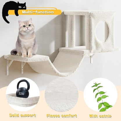 NUNU LAB Wall Mounted Cat Climber Set, 6 Pcs Cat Furniture Set with House, Bridge, Steps, Scratcher Board and Hammock, Shelves for Indoor, Luxury Walls Furniture(Beige)