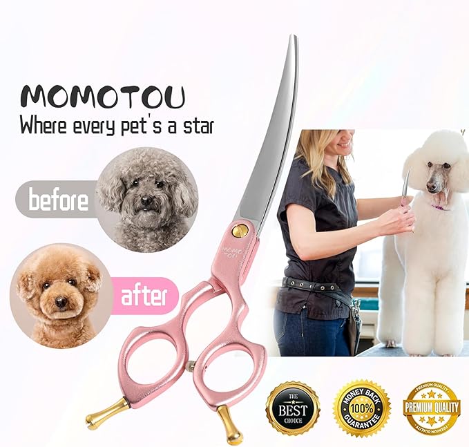 6.5'' Small Curved Dog Grooming Scissors Pink Professional Trimming Shears with Ultra-Lightweight Offset Handle CNC 440C Stainless Steel Blades Pet Scissors for Face and Paws