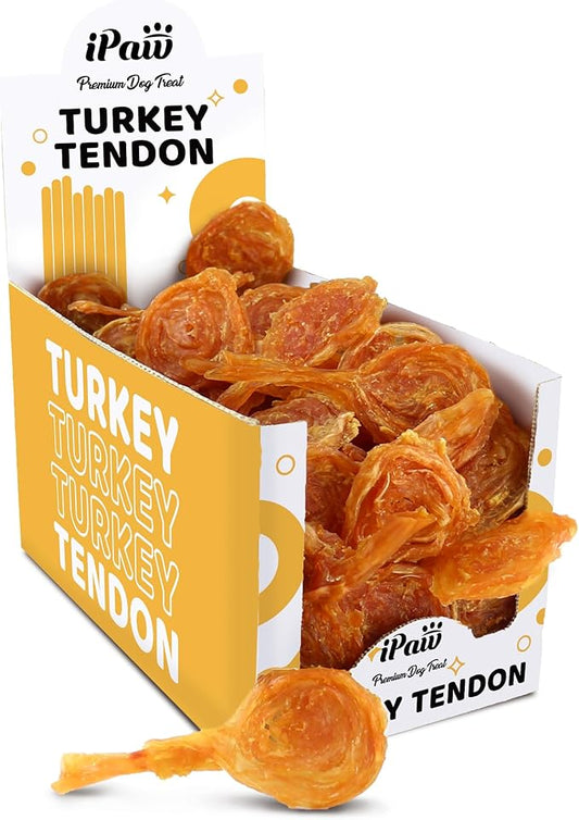 iPaw Turkey Tendons for Dogs 40 Pcs Bulk Pack, 100% Turkey and US Sourced Raw Material, Hypoallergenic, All Natural Human Grade Puppy Chew, Rawhide Alternative Dog Treats, Lollipop (Small)
