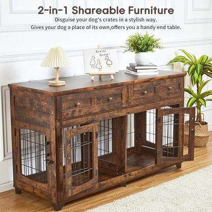 Large Dog Crate Furniture, Double Dog Kennel Furniture with 2 Drawers and Removable Divider, XXL Heavy Duty Wood Dog Crate Table for 2 Dogs Indoor (Rustic Brown, 58in)