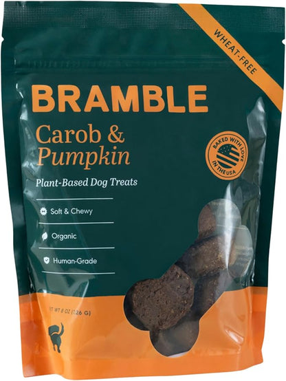 BRAMBLE Dog Treats. Plant-Based Treats for Dogs, Wheat-Free Everyday Dog Treats. Carob & Pumpkin, Made with Real Ingredients, Soft & Chewy Cookies. 8 oz