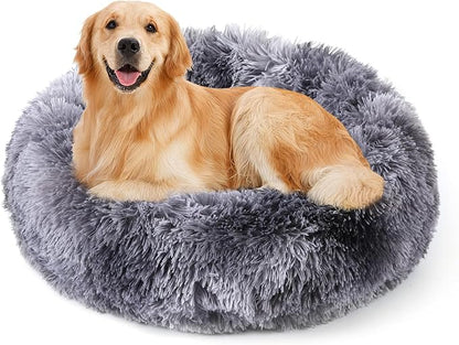 NOYAL Calming Donut Dog Bed for Small to Medium Dogs & Cats - Plush Faux Fur Anti-Anxiety Pet Bed with Machine Washable Cover & Non-Slip Base