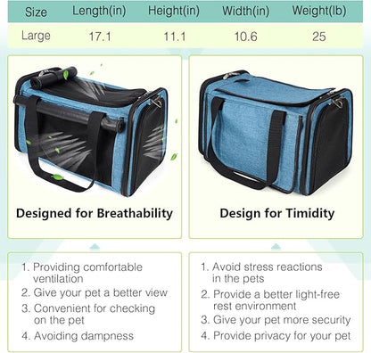 YUDODO 25 lbs Lightproof Pet Carriers Airline Approved Dog Cat Travel Soft Sided Carrier Reflective Mesh Safe Pet Cat Carrier Foldable Portable Small Animal Rabbit Puppy Cat Carrier (Large, Lake blue)