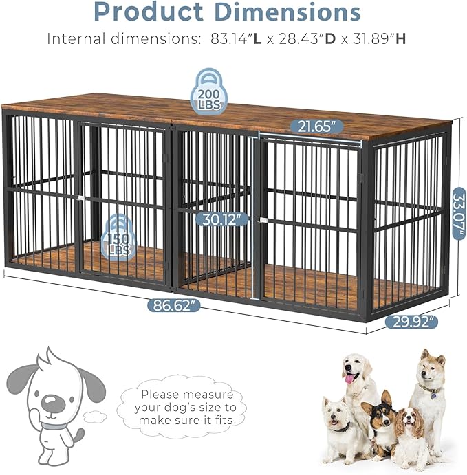 86.62''Dog Crate Furniture Large Breed TV Stand with Double Rooms,Wooden Dog Kennel Dog Crate End Table with Removable Divider for Large Medium Dogs, Can Use Separately, Brown