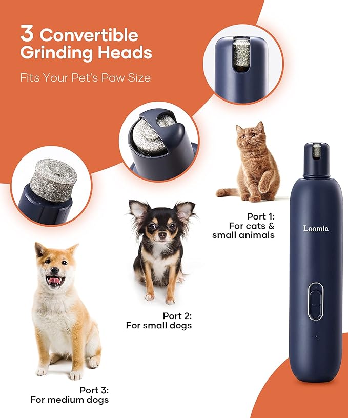 Loomla Dog Nail Grinder Upgraded - Professional 2 Speed Dog Nail Trimmers with Low Noise, USB Rechargeable Pet Nail Grinder, Paws Grooming and Smoothing for Dogs, Cats and Small Animals, Dark Blue
