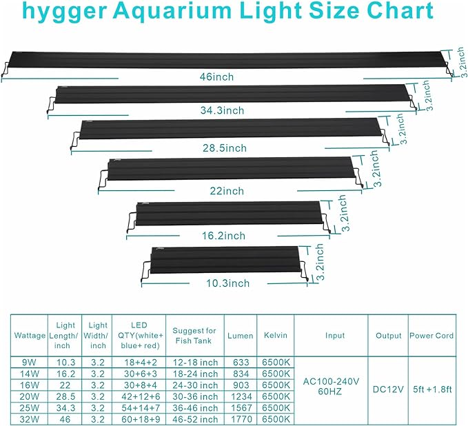 hygger 16W Full Spectrum Aquarium Light with Aluminum Alloy Shell Extendable Brackets, White Blue Red LEDs, External Controller, for Freshwater Fish Tank (24-30 inch)