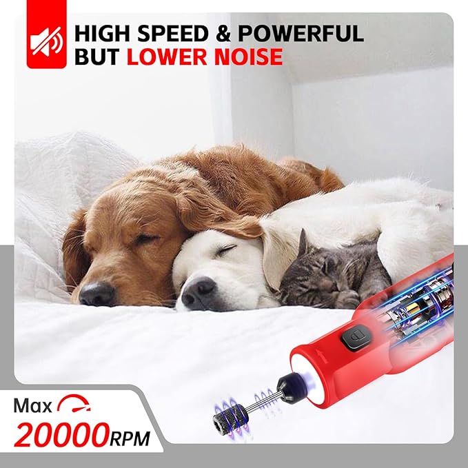 Dog Nail Grinder - Upgraded Pet Nail Grinder, Electric 5 Speeds LED Lights Ring Rechargeable Dog Nail Trimmers Kit, 40 Accessories Cordless Pet Nail Grinder for Dogs Cats and Small/Medium Animals Red
