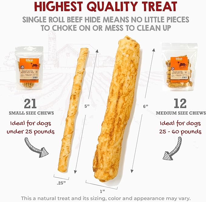 Riley's Peanut Butter Beef Hide Dog Treats, USA Sourced & Made Medium Dog Treats, Chew Sticks, Raw Hides for Small Dogs, Rawhide Sticks for Dogs 12 ct