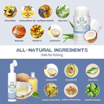 Dog Paw Care Kit - No-Rinse Foaming Paw Cleanser & Balm Stick for Small to Large Dogs & Cats