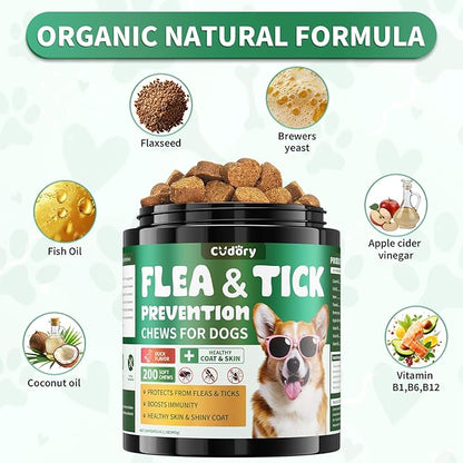 Flea and Tick Prevention for Dogs Chews – 200 Soft Chews, Dog Flea Chewables with Skin & Coat Support – Oral Supplement for All Breeds & Ages – Natural Duck Flavor