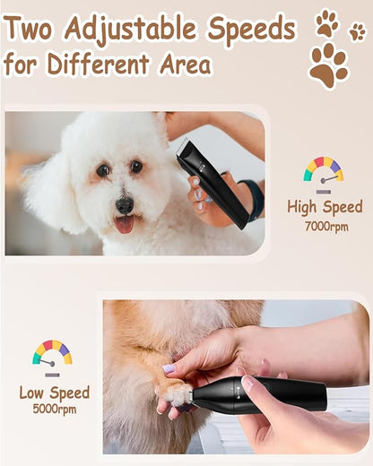 4 in 1 Dog Clippers for Grooming Paw Trimmer, USB-C Rechargeable Dog Grooming Clipper Kit Nail Ginder with Two Speeds, Cordless Pet Cat Trimmer Shavers for Thick Hairs for Poodle, Small Pets