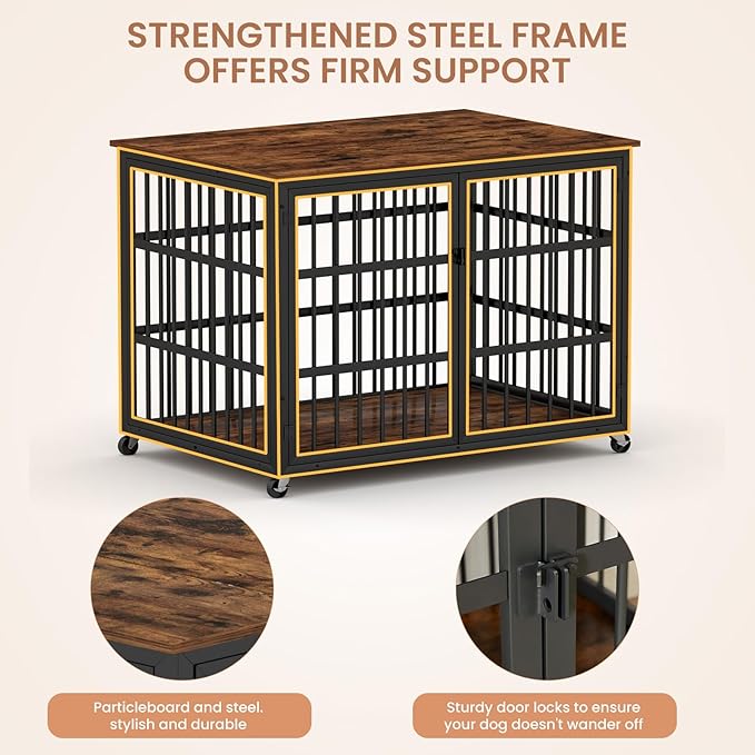 KEIKI Dog Crate Furniture, 43.3" Iron Dog Crate on Wheels with Side Openings, Double-Door Dog House for Small/Medium/Large Dog, Rustic Brown
